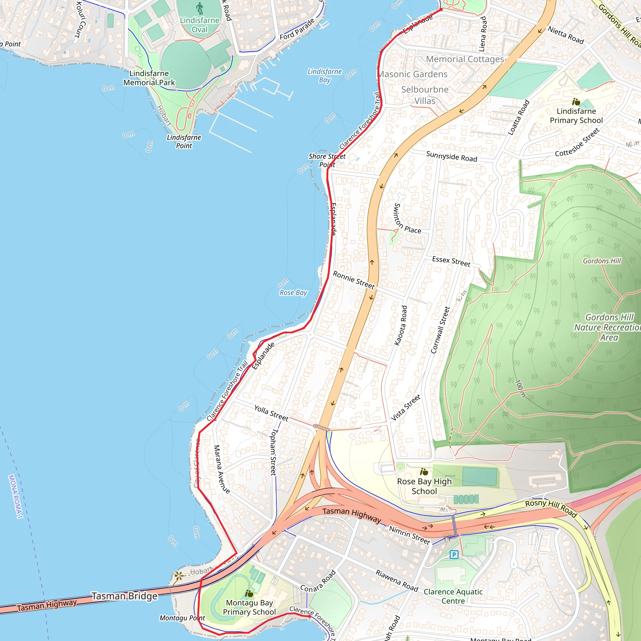 Clarence Foreshore Trail - Lindisfarne to Montagu Bay mobile static map
