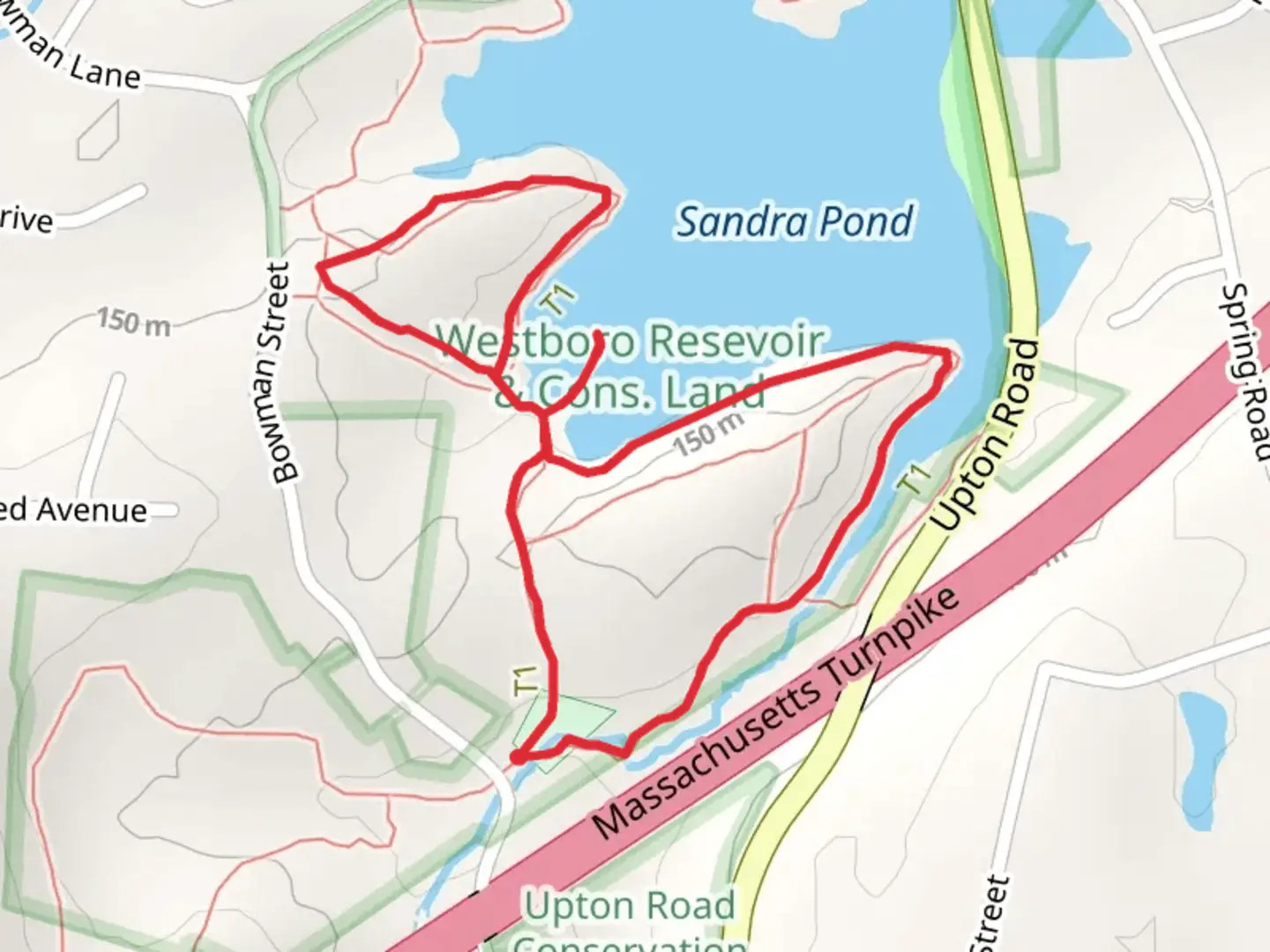 An image depicting the trail Westborough Reservoir - Bowman Street Reservation Area Loop and its surrounding area.
