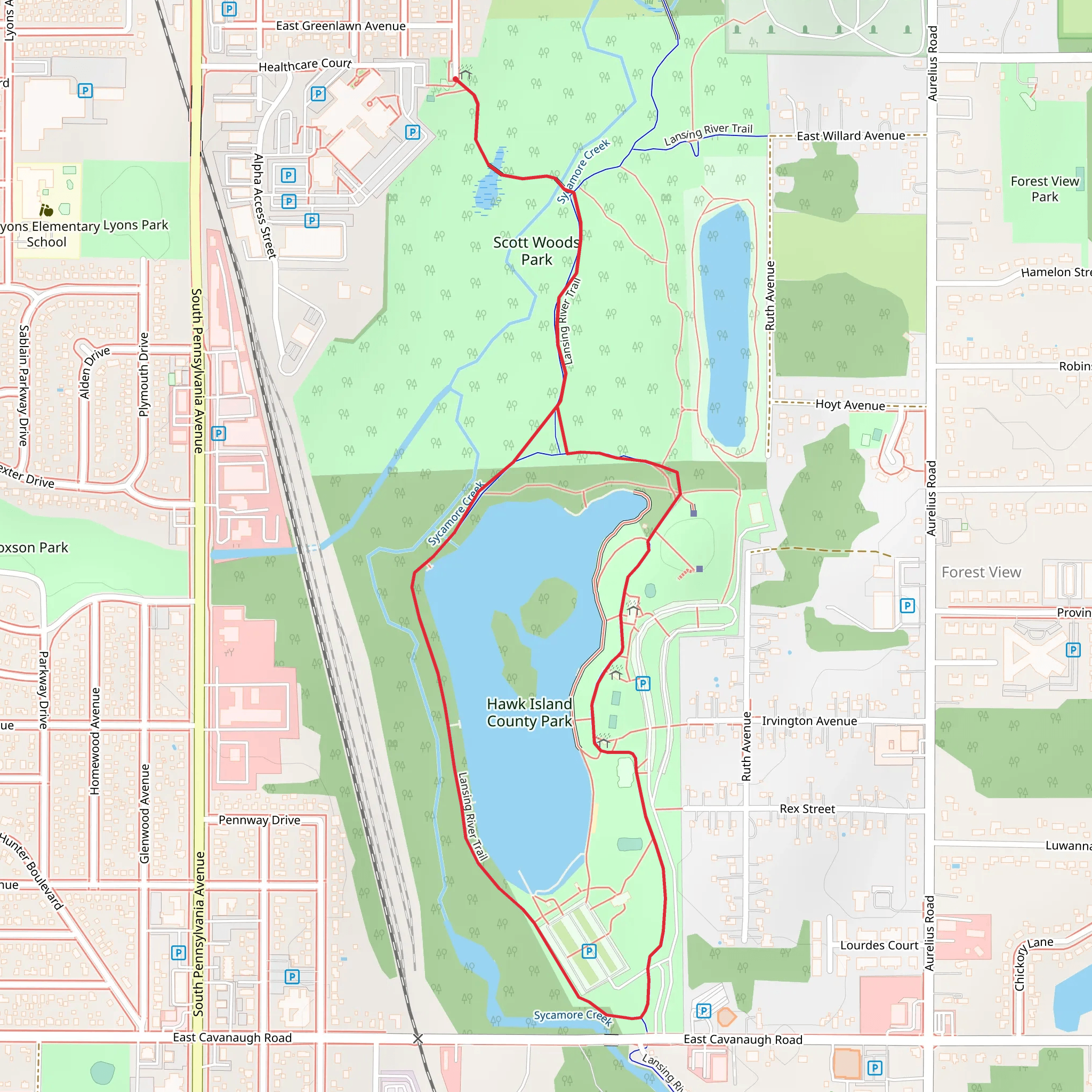 Hawk Island County Park Loop via Lansing River Trail mobile static map