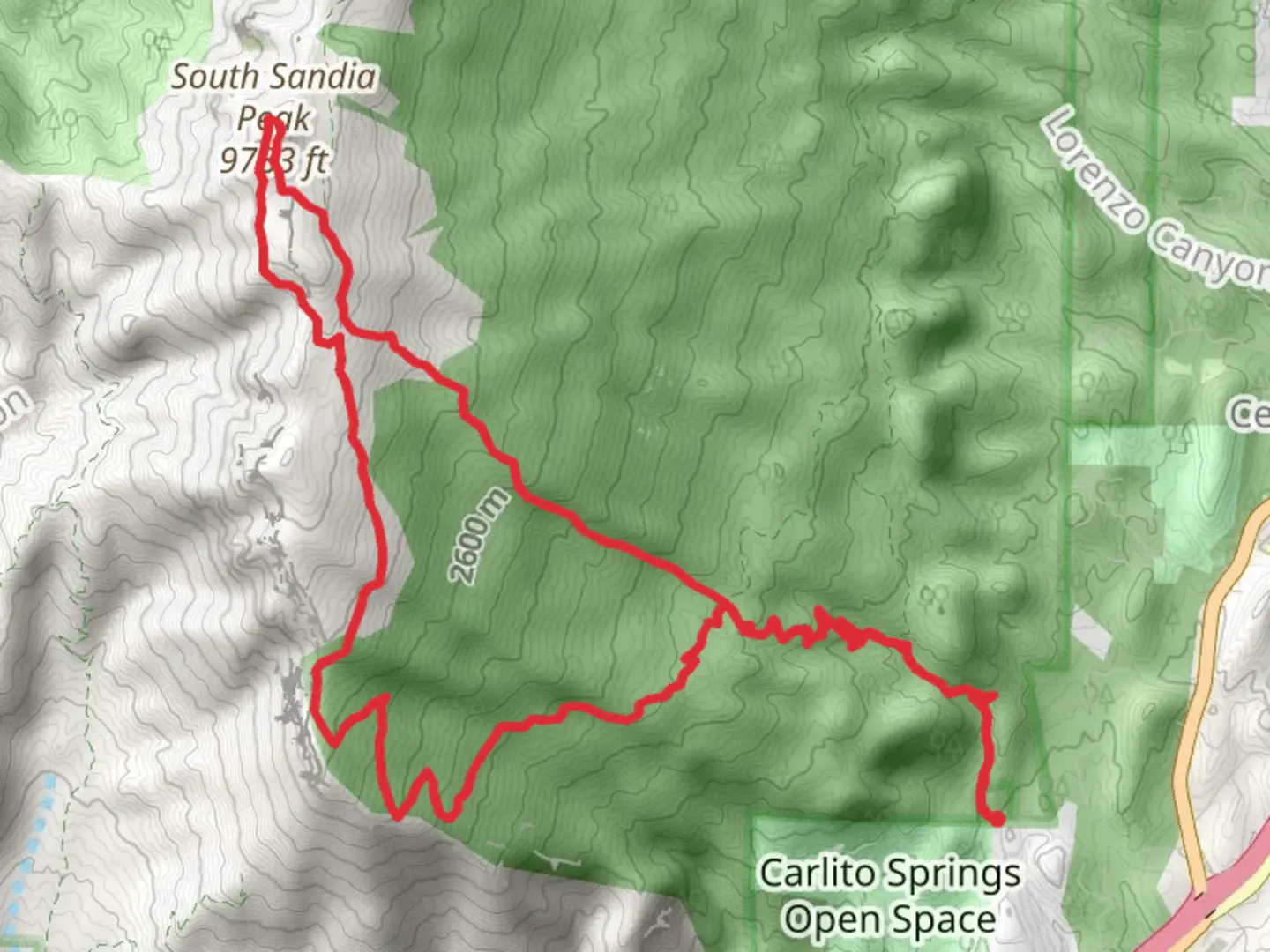 An image depicting the trail South Sandia Peak via South Crest Trail and its surrounding area.