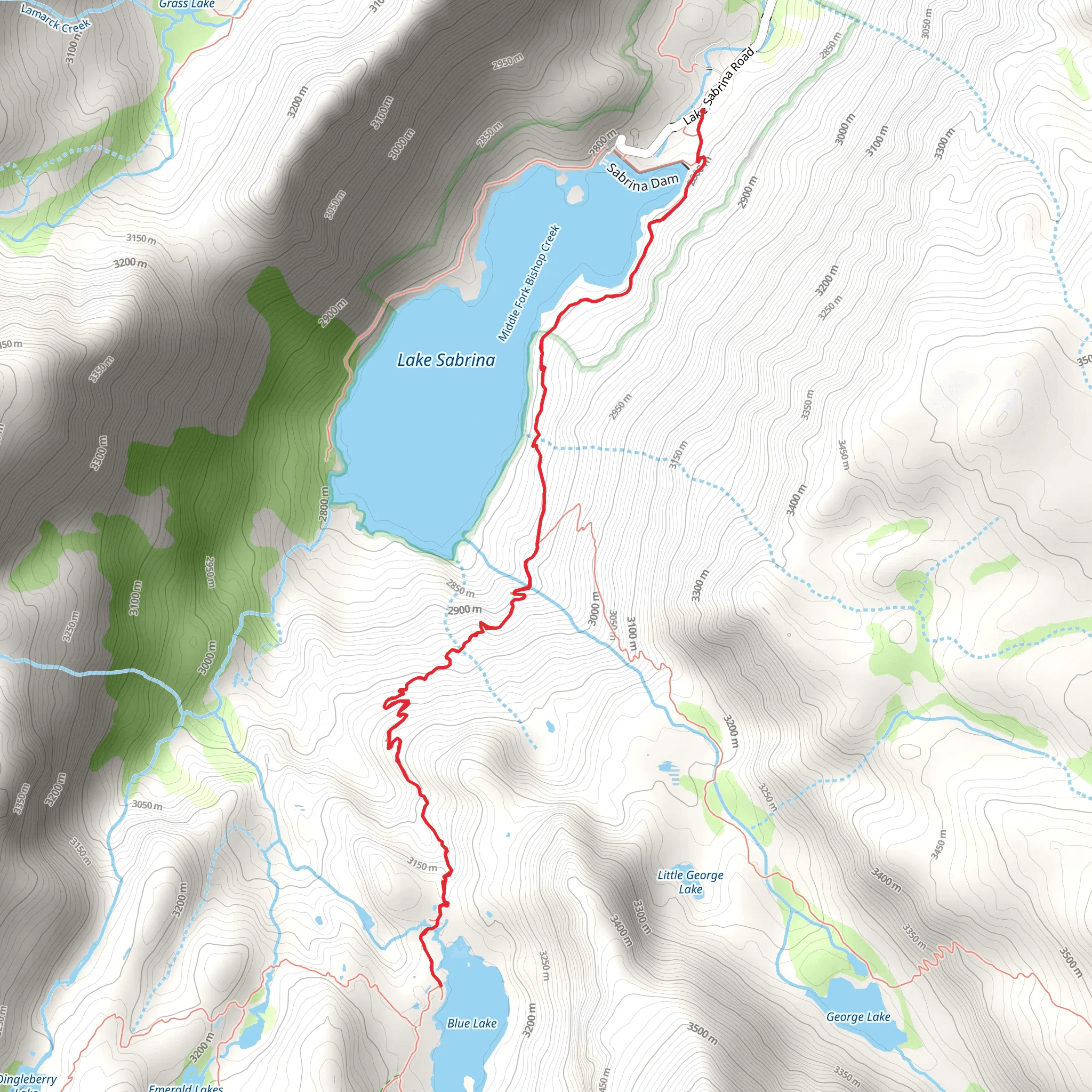 Blue Lake via Sabrina Basin Trail mobile static map