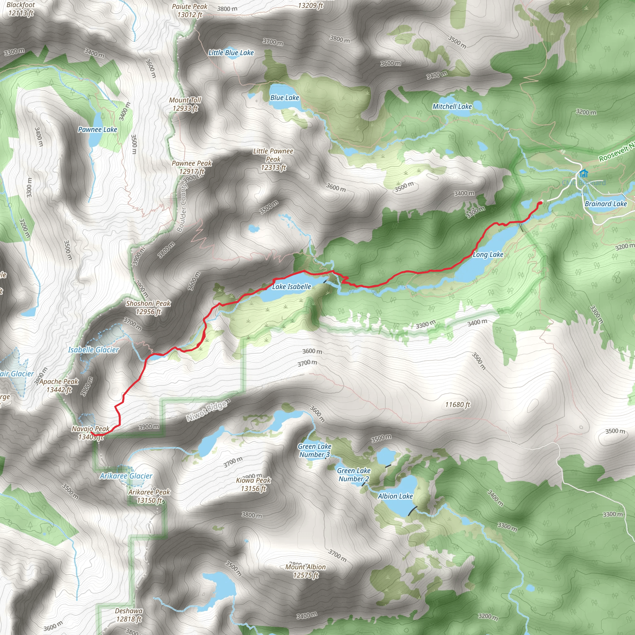 Navajo Peak via Lake Isabelle and Long Lake mobile static map