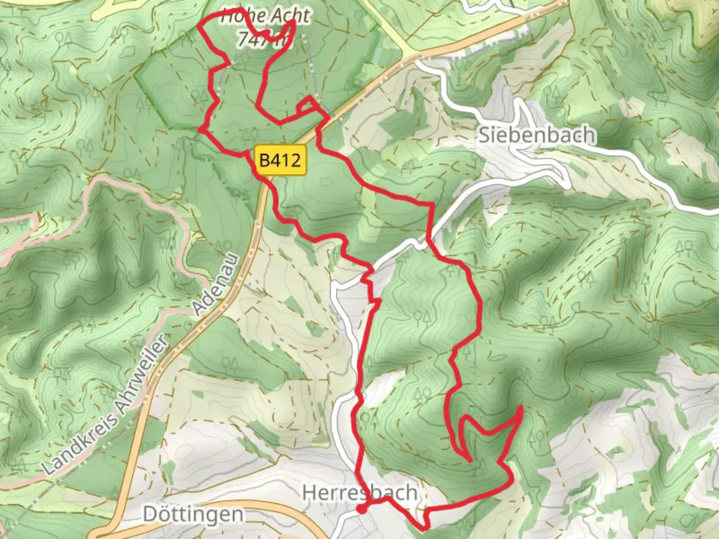 An image depicting the trail Hohe Acht via Ville Eifel Weg and its surrounding area.