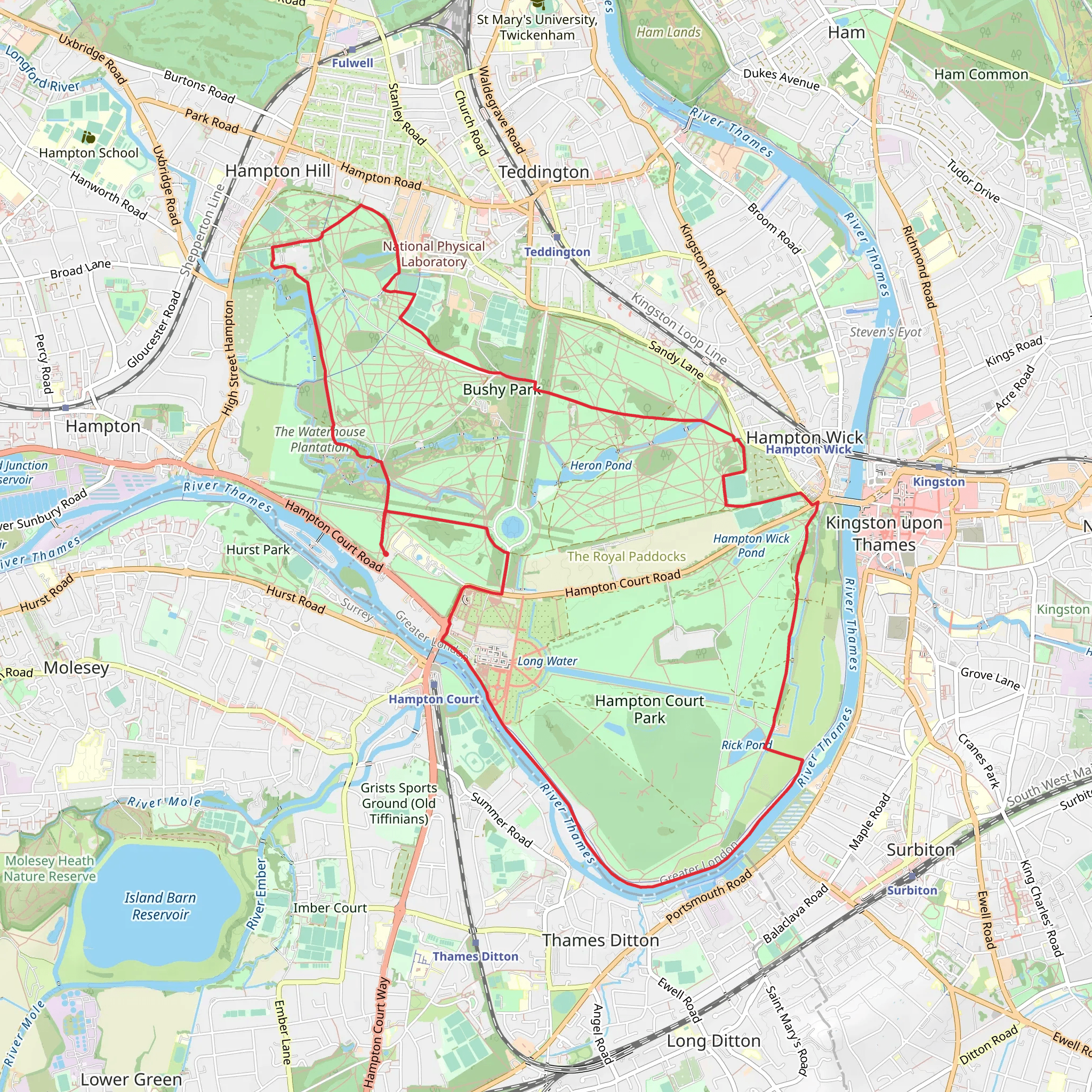 The Woodland Gardens and Bushy Park Loop mobile static map