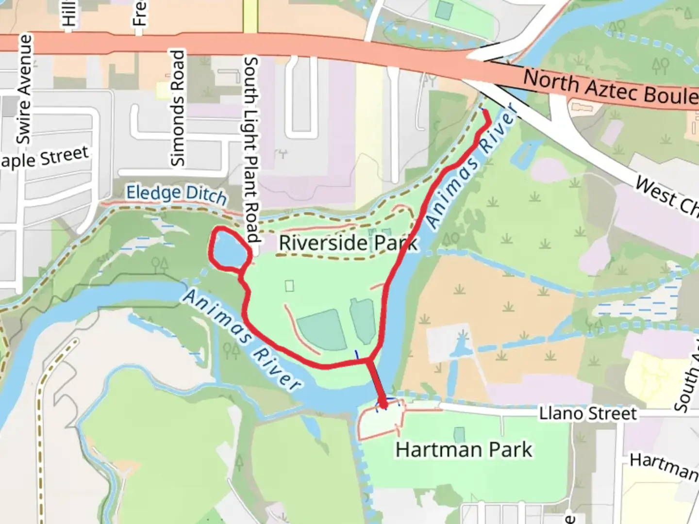 An image depicting the trail Aztec Animas River Trail and its surrounding area.