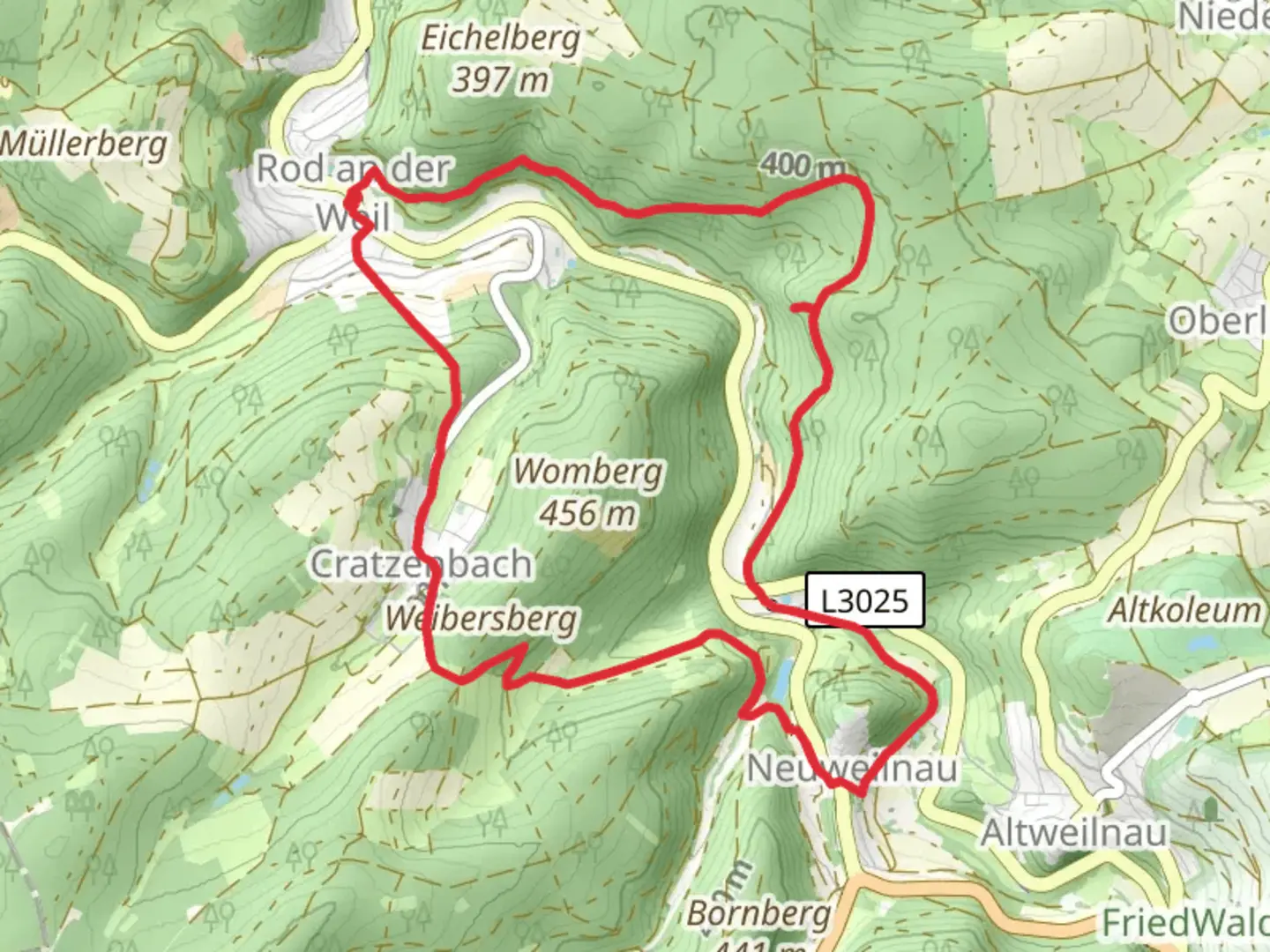 An image depicting the trail Weiltalblick via Taunusklub Route and its surrounding area.
