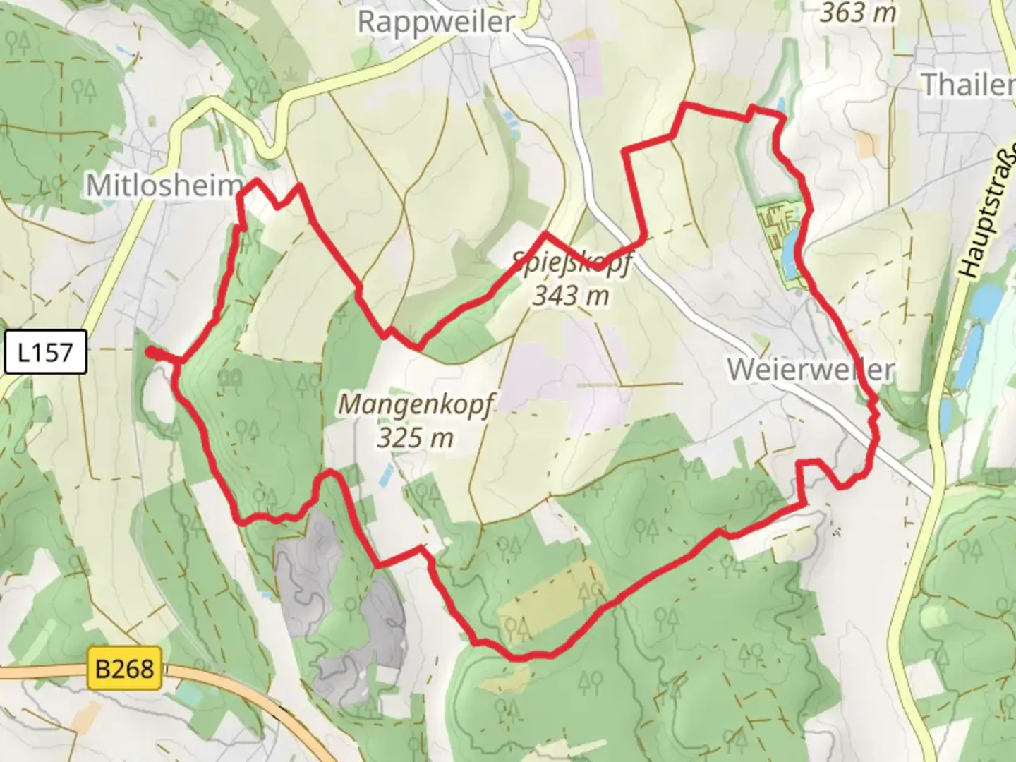 An image depicting the trail Georgi-Panorama Weg Loop - Weierweiler and its surrounding area.