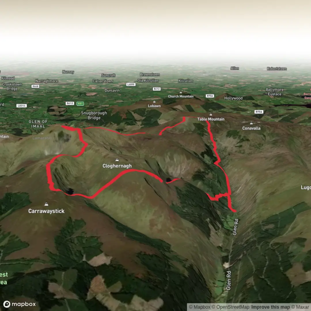 An image depicting the trail Wicklow Mountains Loop from Baravore car park via arts lough, Kelly’s lough , lug and back down Table Track and its surrounding area.