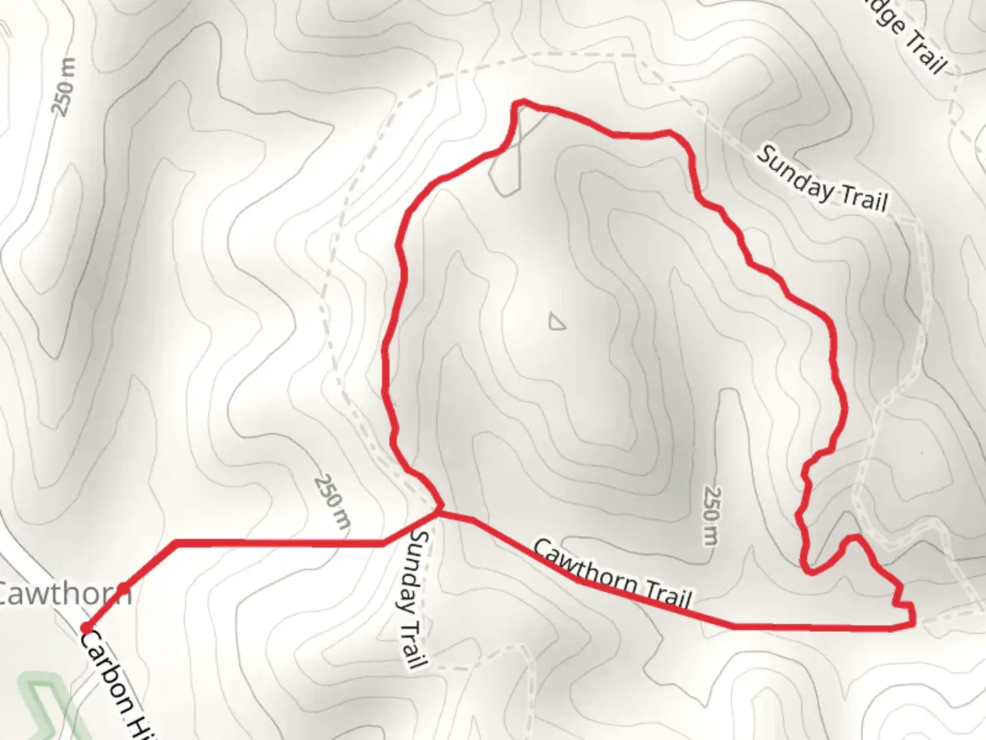 An image depicting the trail Sunday Loop via Cawthorn Trail and its surrounding area.