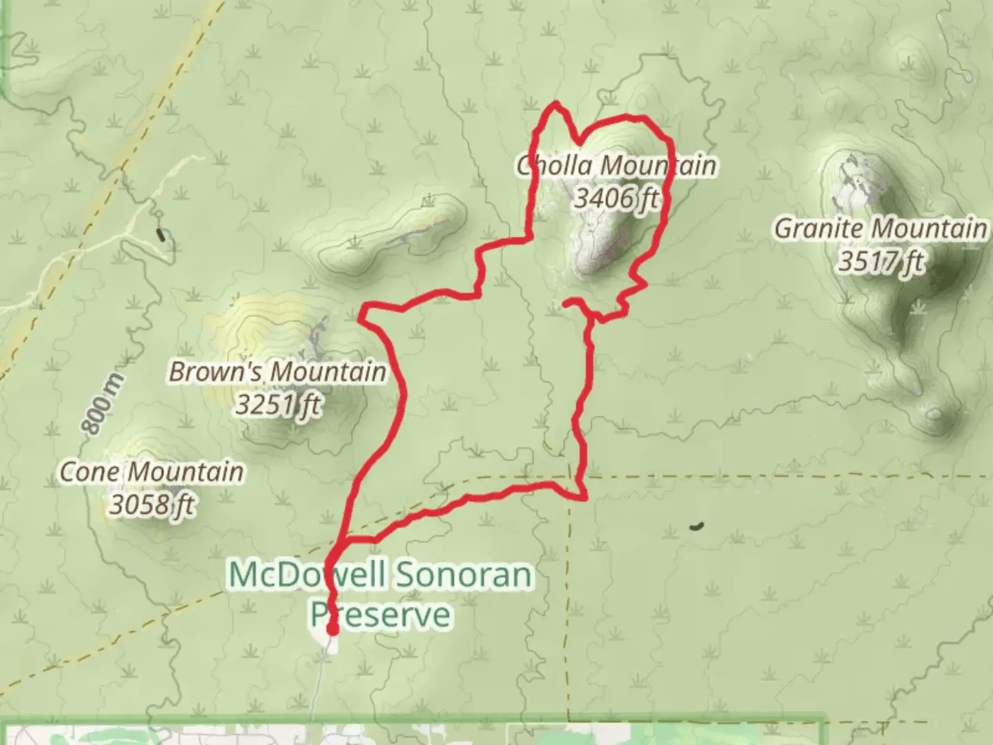 An image depicting the trail Chuckwagon, Cholla Mountain and Corral Loop Trail and its surrounding area.