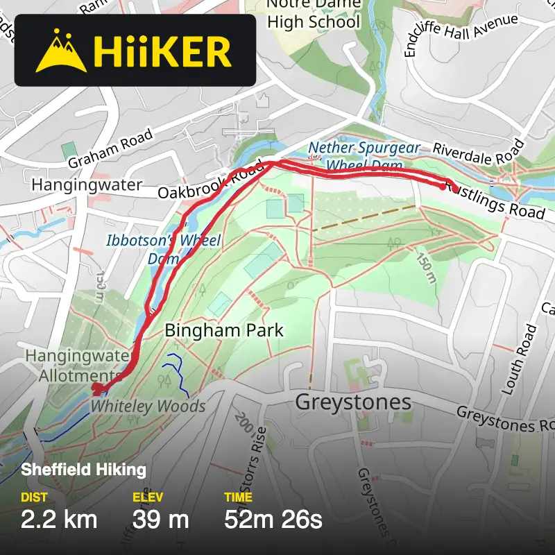 A map preview of the recording Sheffield Hiking.