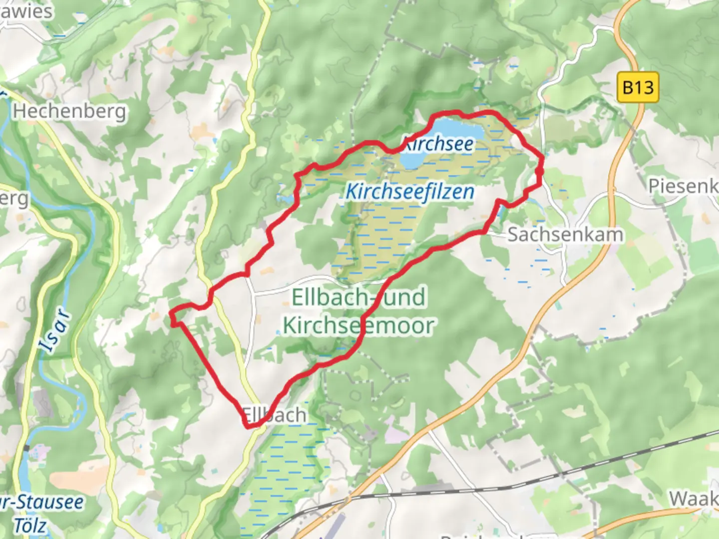 An image depicting the trail Reutberg and Ellbach Loop via Kirchsee and its surrounding area.
