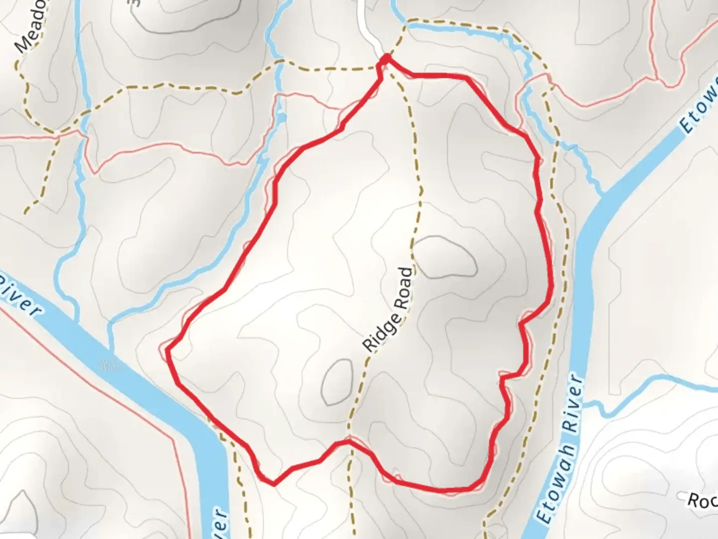 An image depicting the trail Loop along Etowah River from Johnson Trail and its surrounding area.
