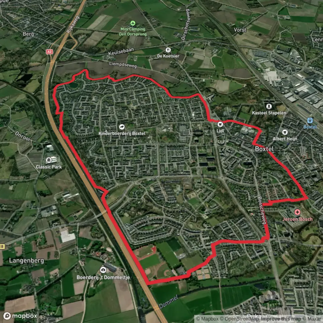 An image depicting the trail Dommel and Vorsenpoel via De Lange and Molenweide and its surrounding area.