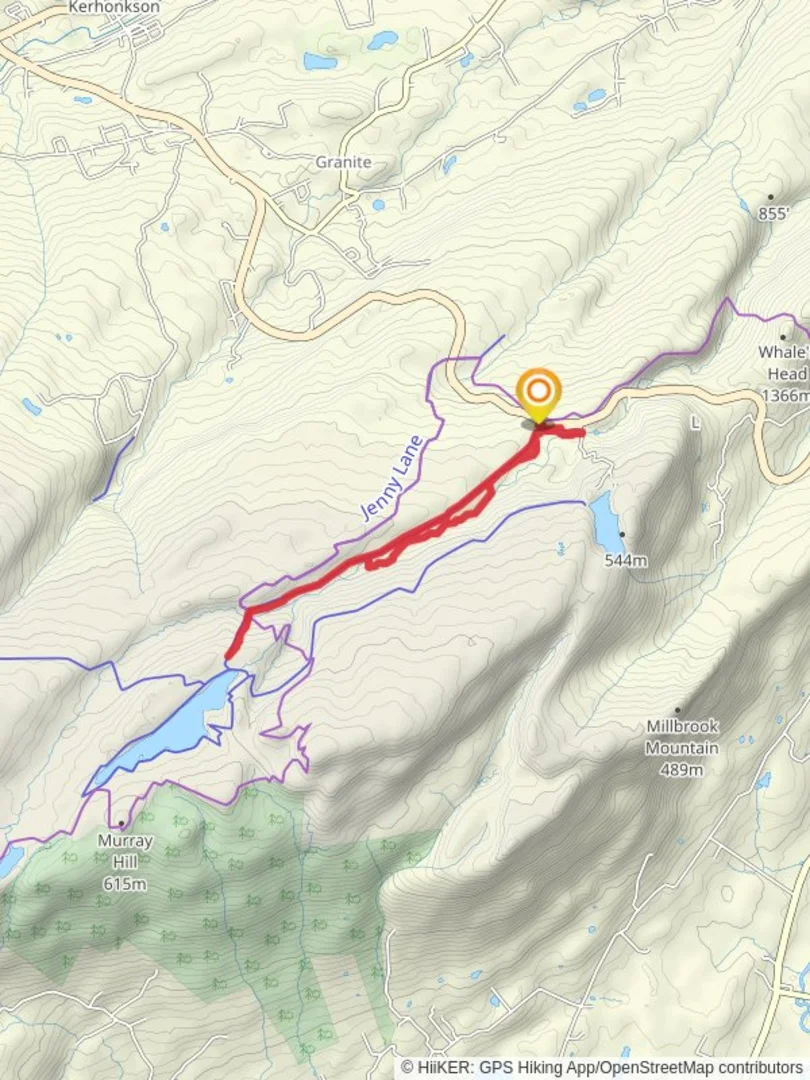 An image depicting the trail Awosting Lake via Lower Awosting Carriageway and its surrounding area.