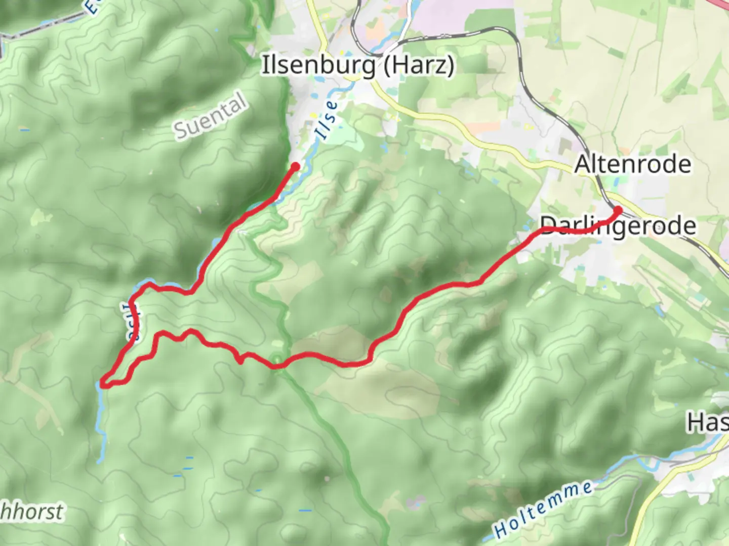 An image depicting the trail Ilsenburg Kurpark to Darlingerode via Harzklub Weg and Brockenlauf and its surrounding area.