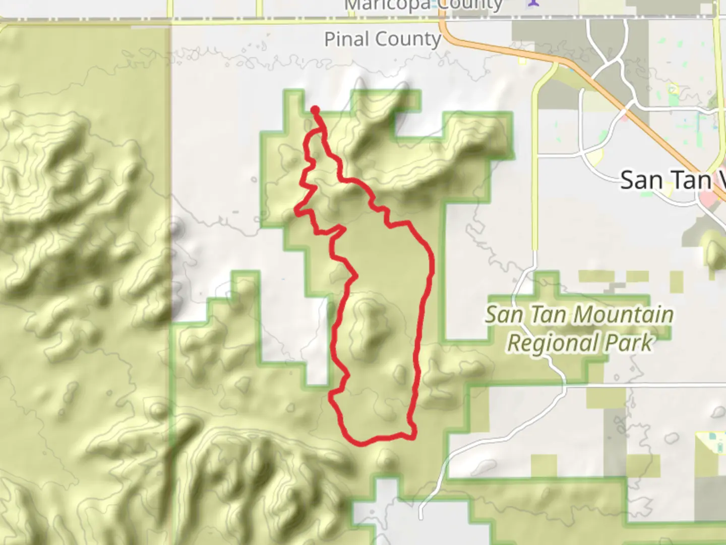 An image depicting the trail Dynamite Trail, Maricopa Trail and San Tan Loop Trail and its surrounding area.