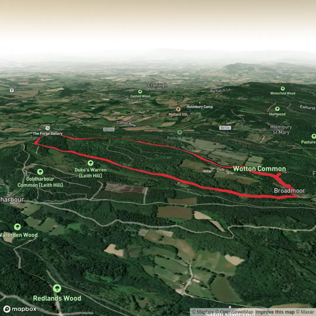 An image depicting the trail Broadmoor Bottom Car Park to Leith Hill Tower and its surrounding area.