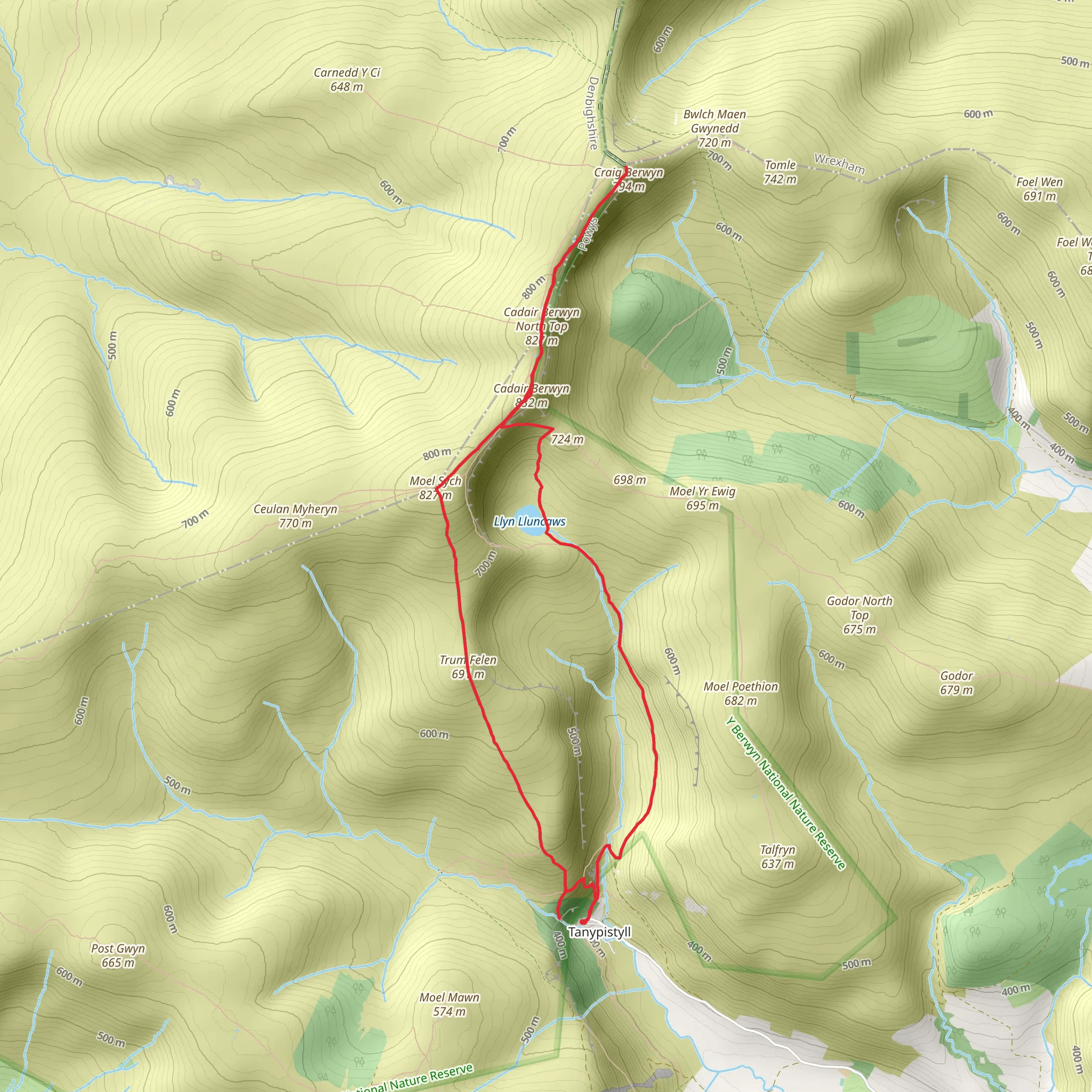 Pistyll Rhaeadr, Moel Sych and Craig Berwyn Walk mobile static map