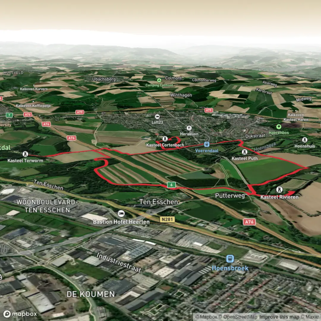 An image depicting the trail Cortenbachersbos, Kasteel Terworm and Kasteel Rivieren via Puttervoetpad and its surrounding area.