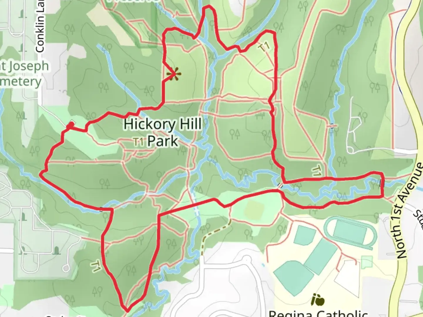 An image depicting the trail Hickory Hill Park Loop and its surrounding area.