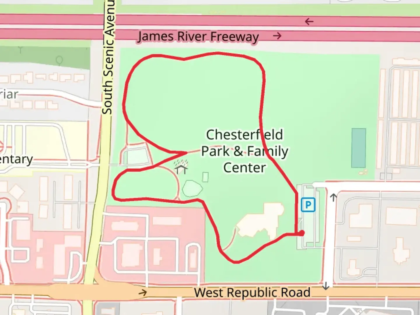 An image depicting the trail Chesterfield Park and Family Center Loop and its surrounding area.