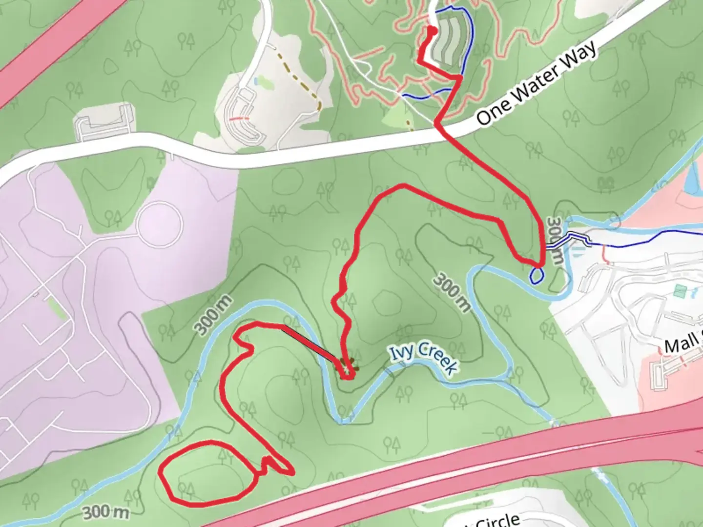 An image depicting the trail Ivy Creek Greenway and Wildlife Observation Trail and its surrounding area.