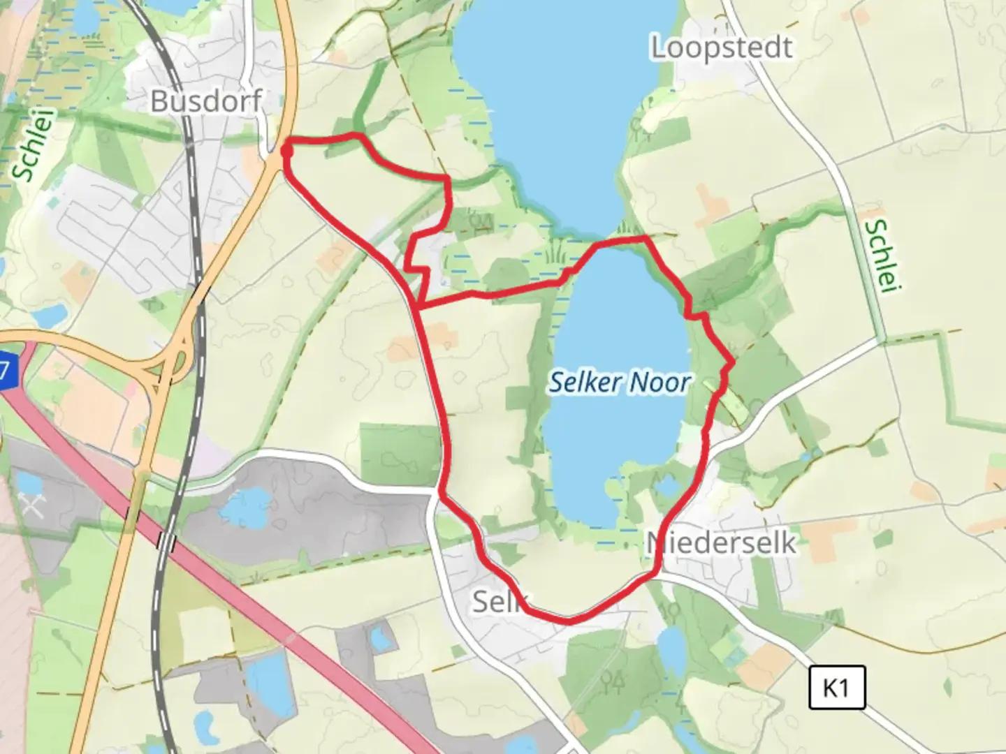 An image depicting the trail Selker Noor and Haddebyer Noor via Noor Route and Wikingerland and its surrounding area.