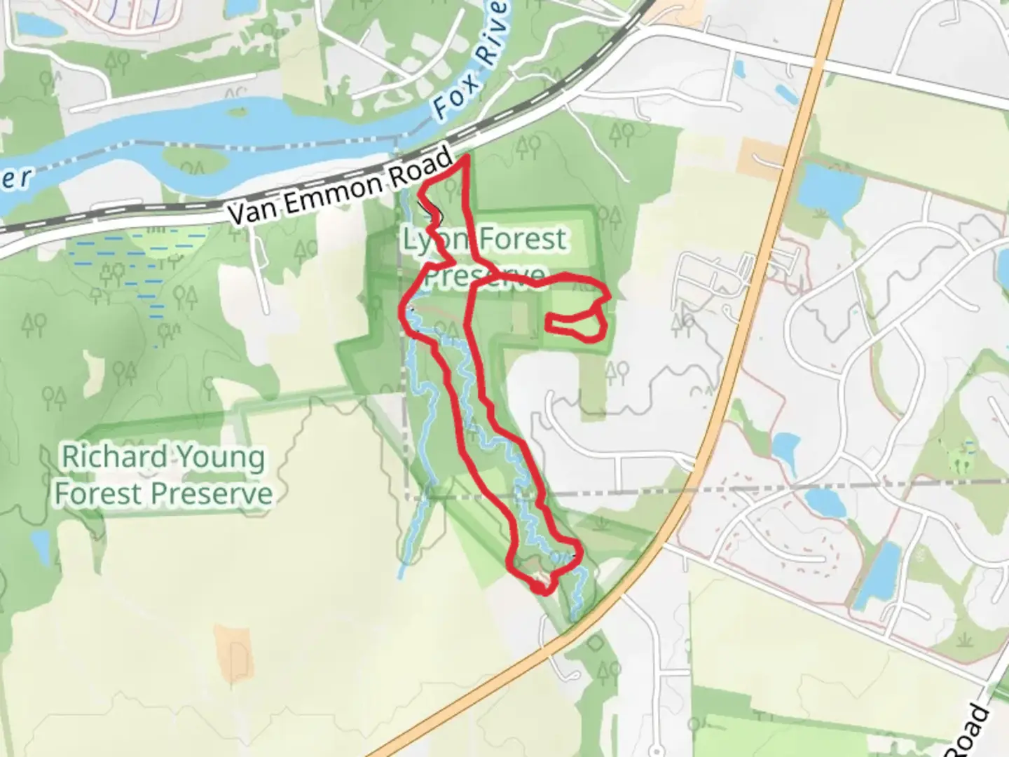 An image depicting the trail Fields Drive and Lyon County Forest Preserve Loop and its surrounding area.
