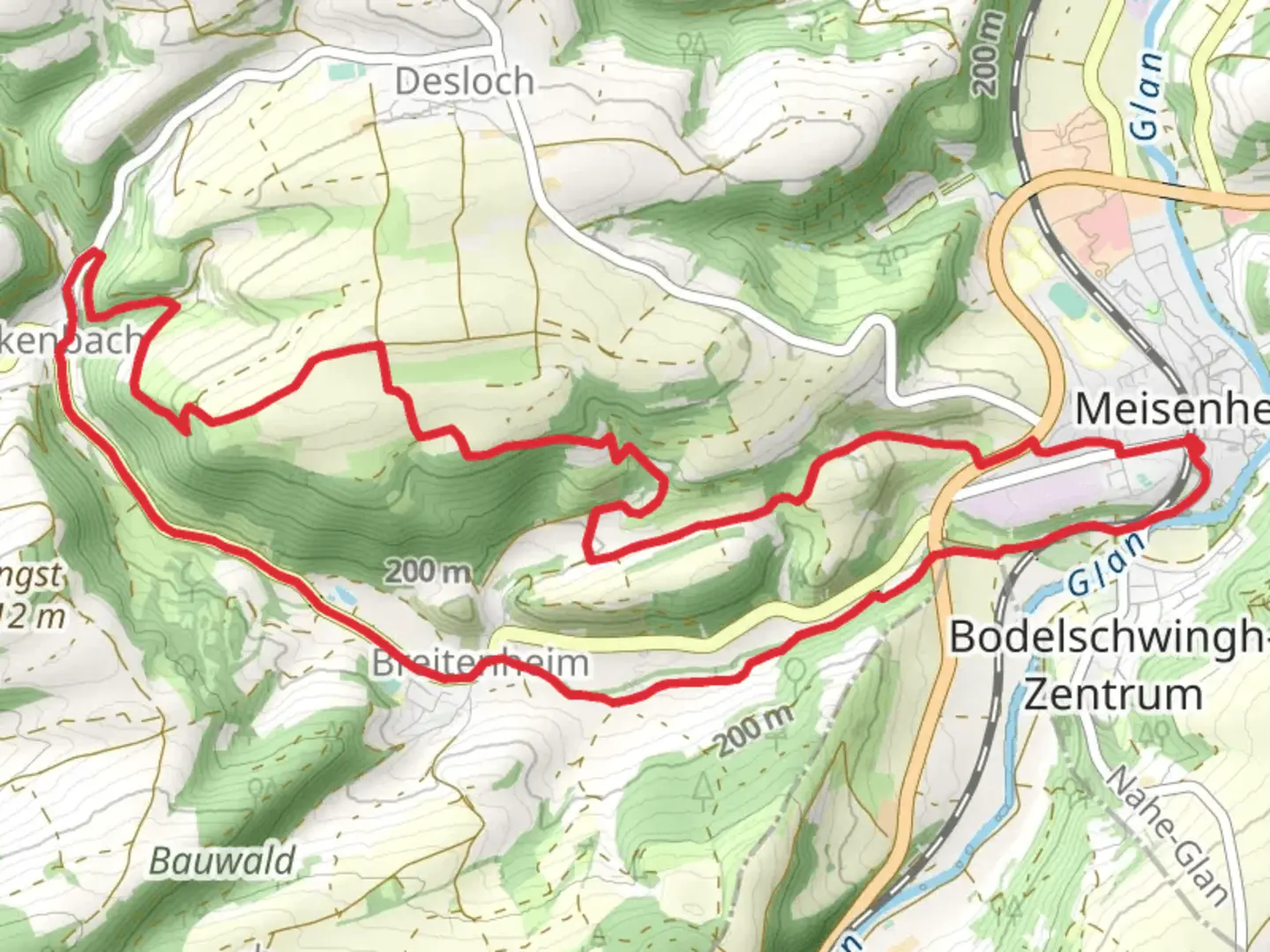 An image depicting the trail Magische Heimbach and Pfaelzer Hoehenweg and its surrounding area.