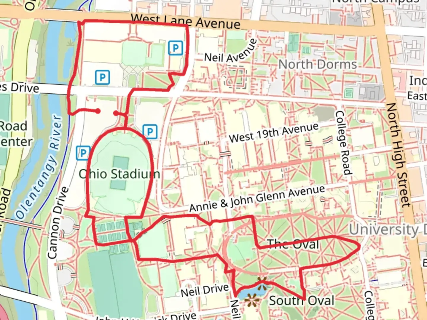 An image depicting the trail The Long Walk, The Oval and Olentangy Trail Detour Loop and its surrounding area.