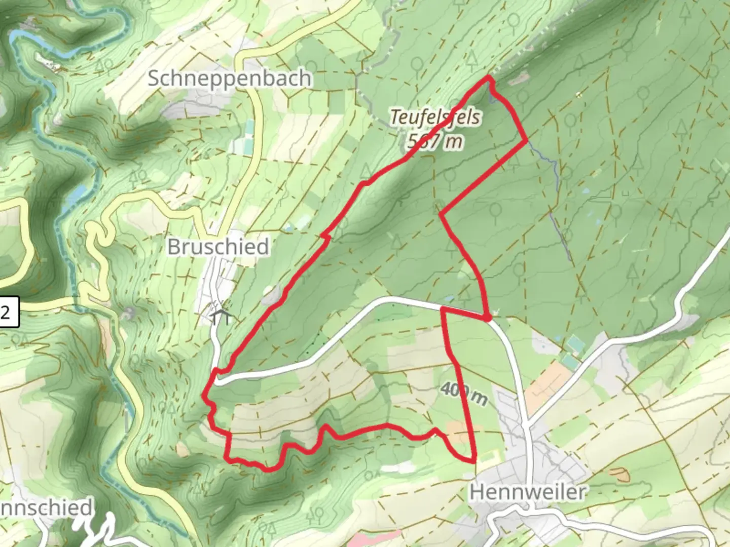 An image depicting the trail Teufelsfels, Wehlenstein and Ginzelberger Weg Loop from Hennweiler and its surrounding area.