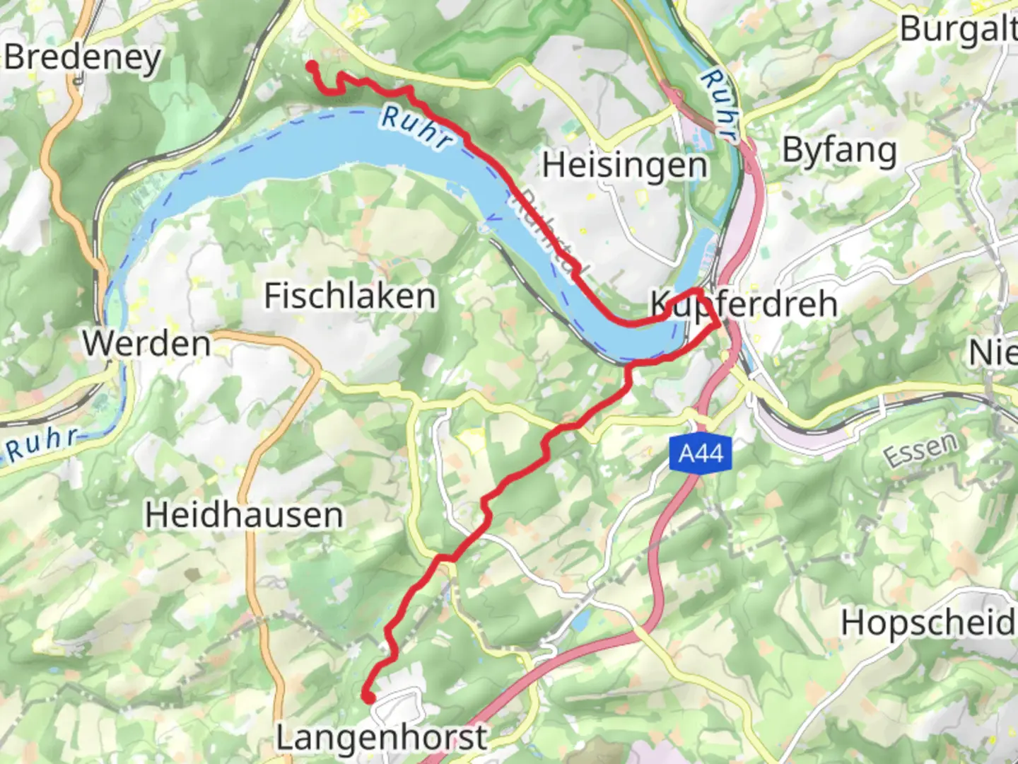 An image depicting the trail Baldeneysee to Langenhorst Walk and its surrounding area.