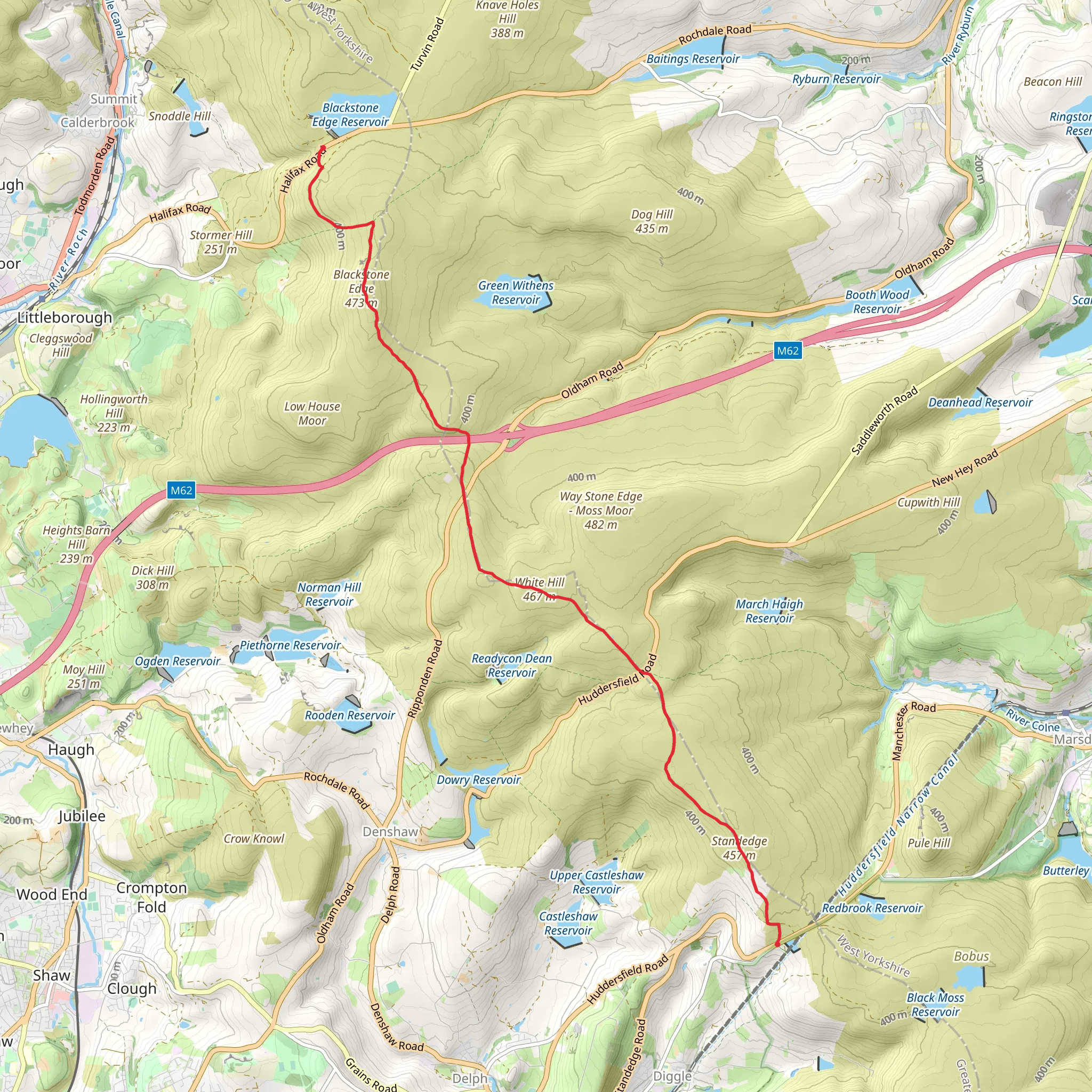 Blackstone Edge Reservoir to Brunclough Reservoir Walk via Standedge Hill mobile static map