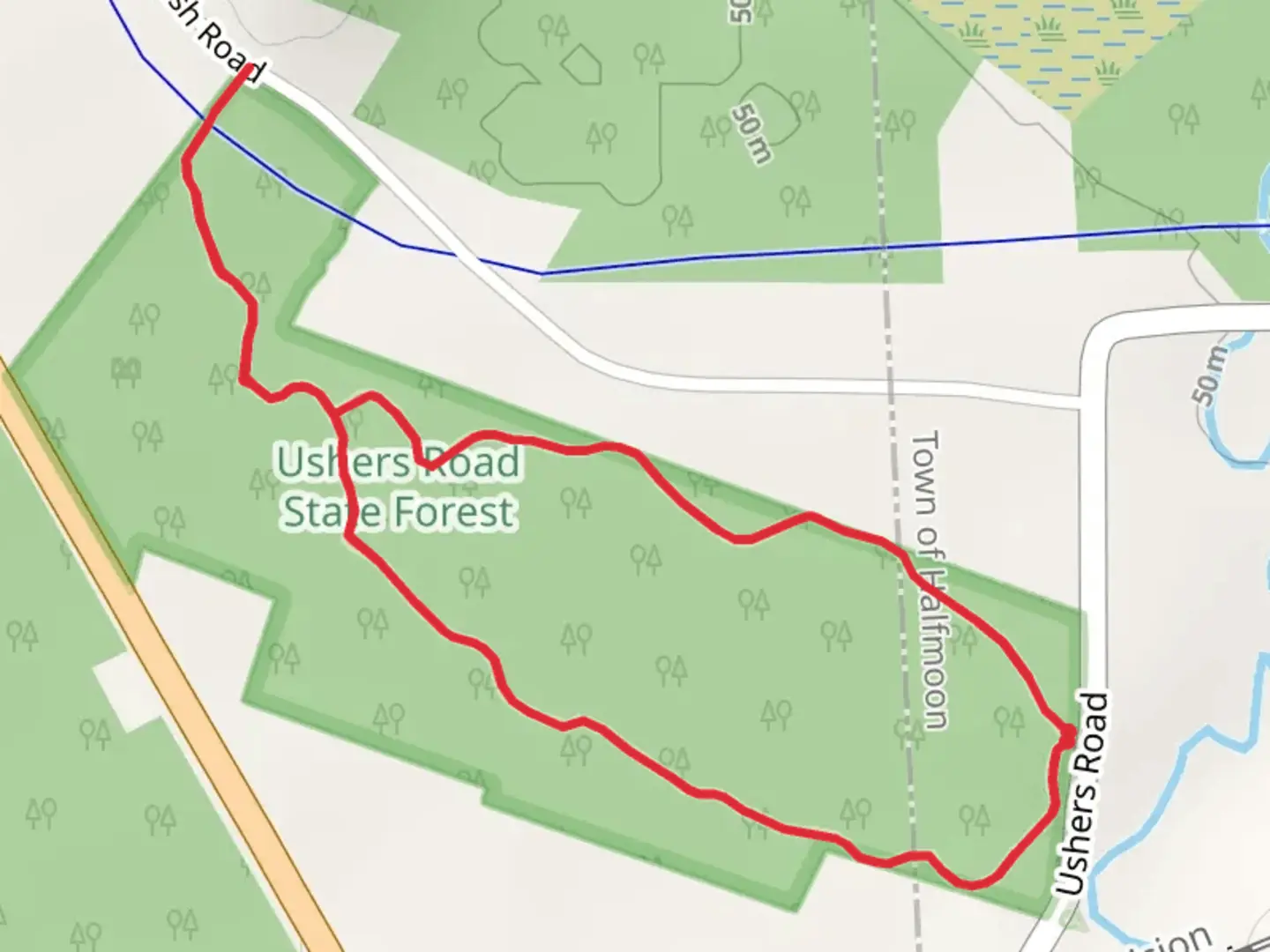 An image depicting the trail Ushers Road State Forest Loop and its surrounding area.