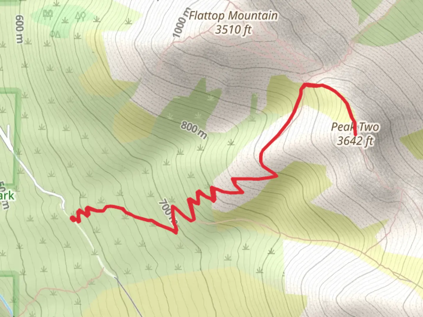 An image depicting the trail Peak Two via Flattop Sunnyside Trail and its surrounding area.