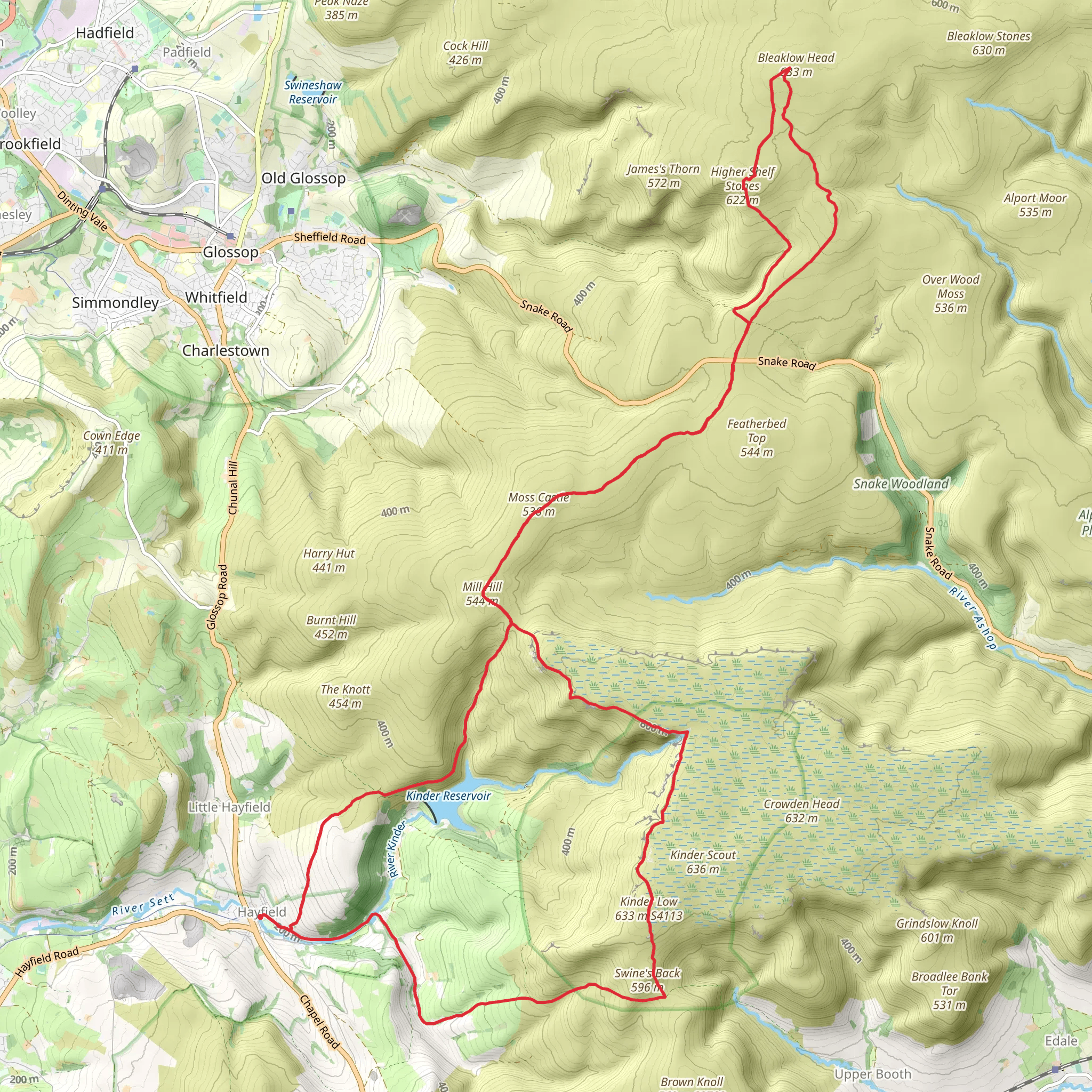 Kinder Low, Bleaklow, Higher Shelf Stones and Kinder Reservoir Loop from Hayfield mobile static map