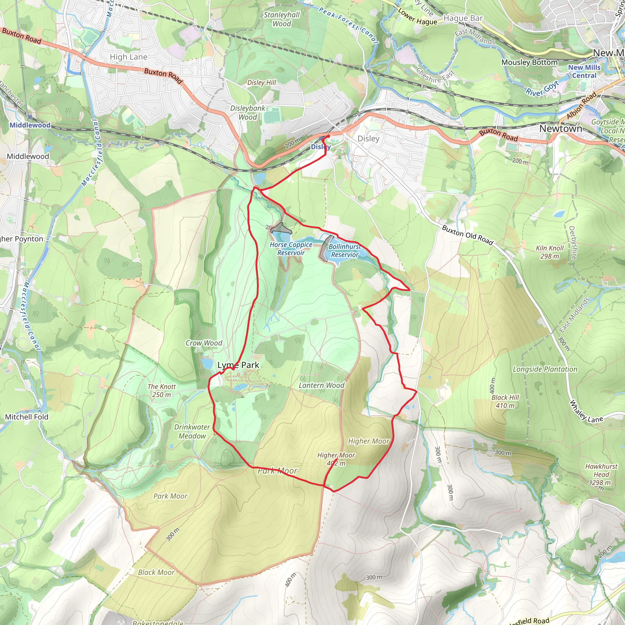 Bollinhurst Reservoir, Higher Moor and Lyme Park Loop from - Disley mobile static map
