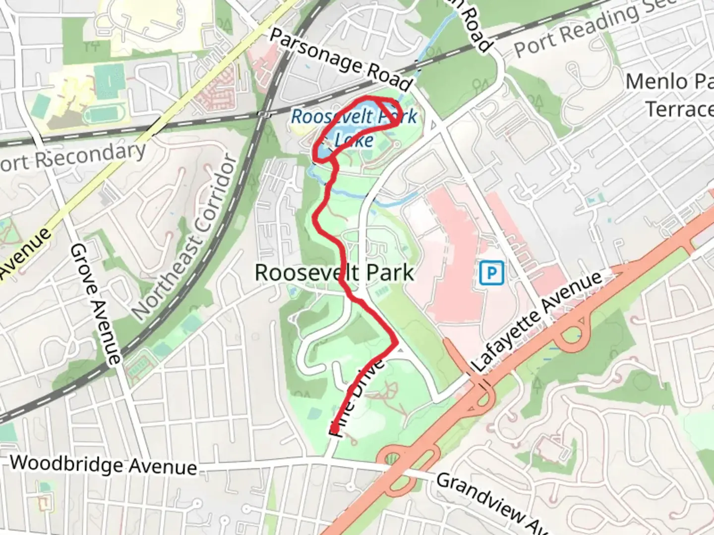 An image depicting the trail Roosevelt Park Lake Loop and its surrounding area.