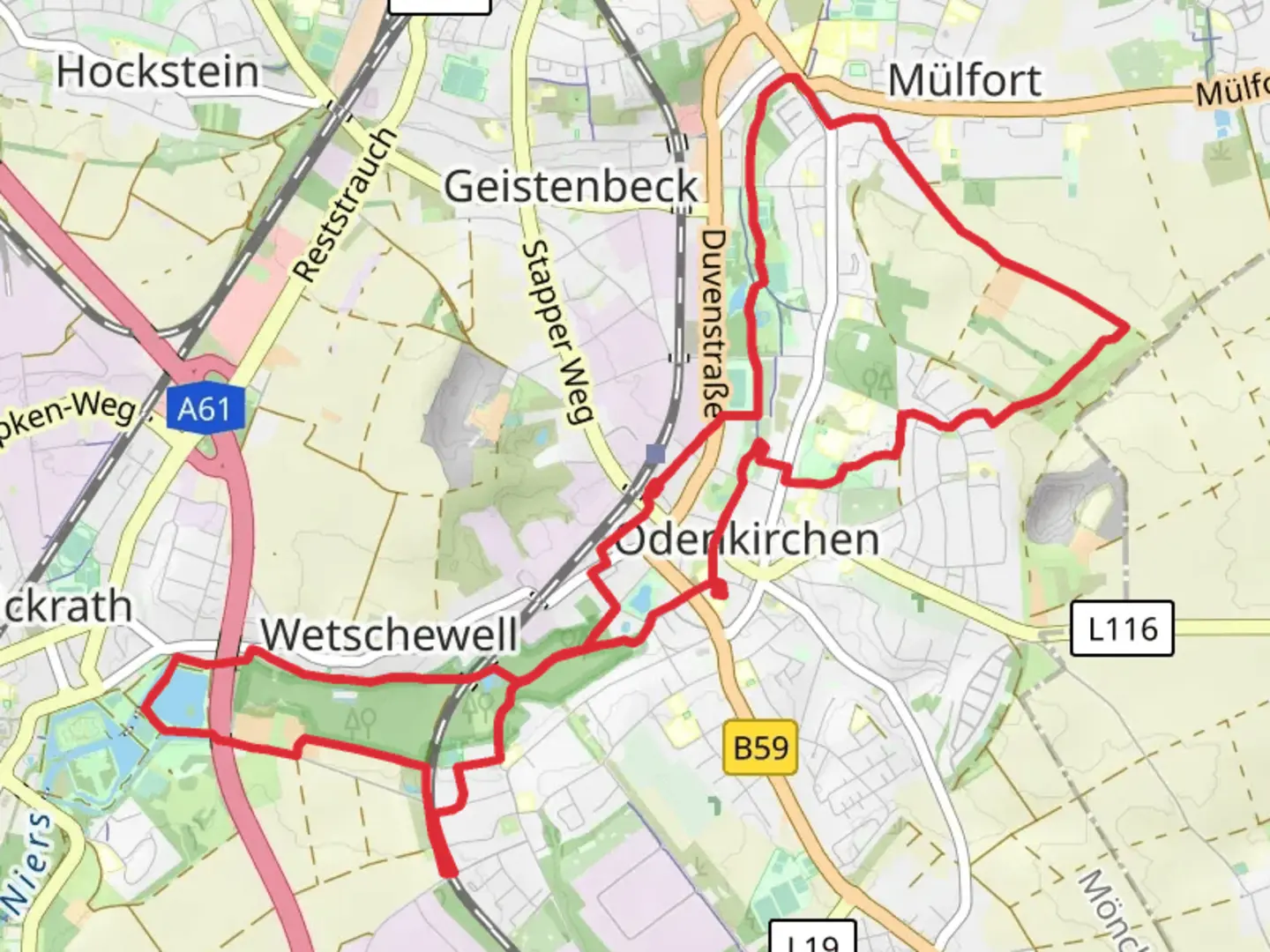 An image depicting the trail Wickrather See via Residenzweg and Eickeshecker Weg and its surrounding area.