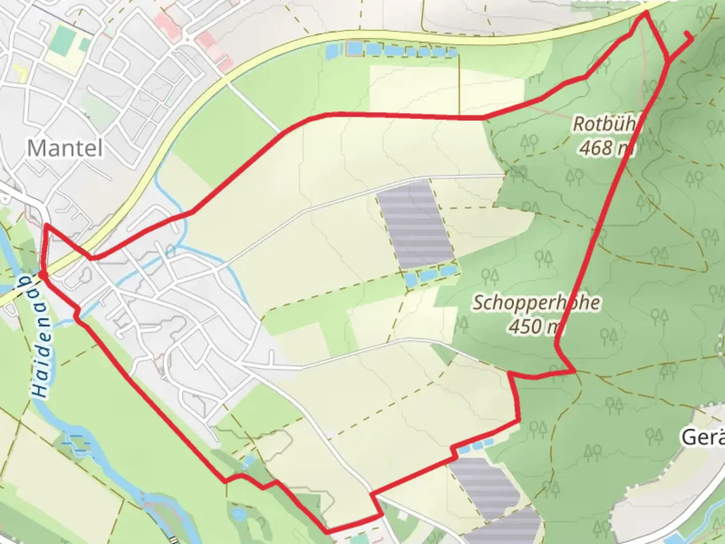 An image depicting the trail Mantel, Schopperhohe and Rotbuhl Loop and its surrounding area.