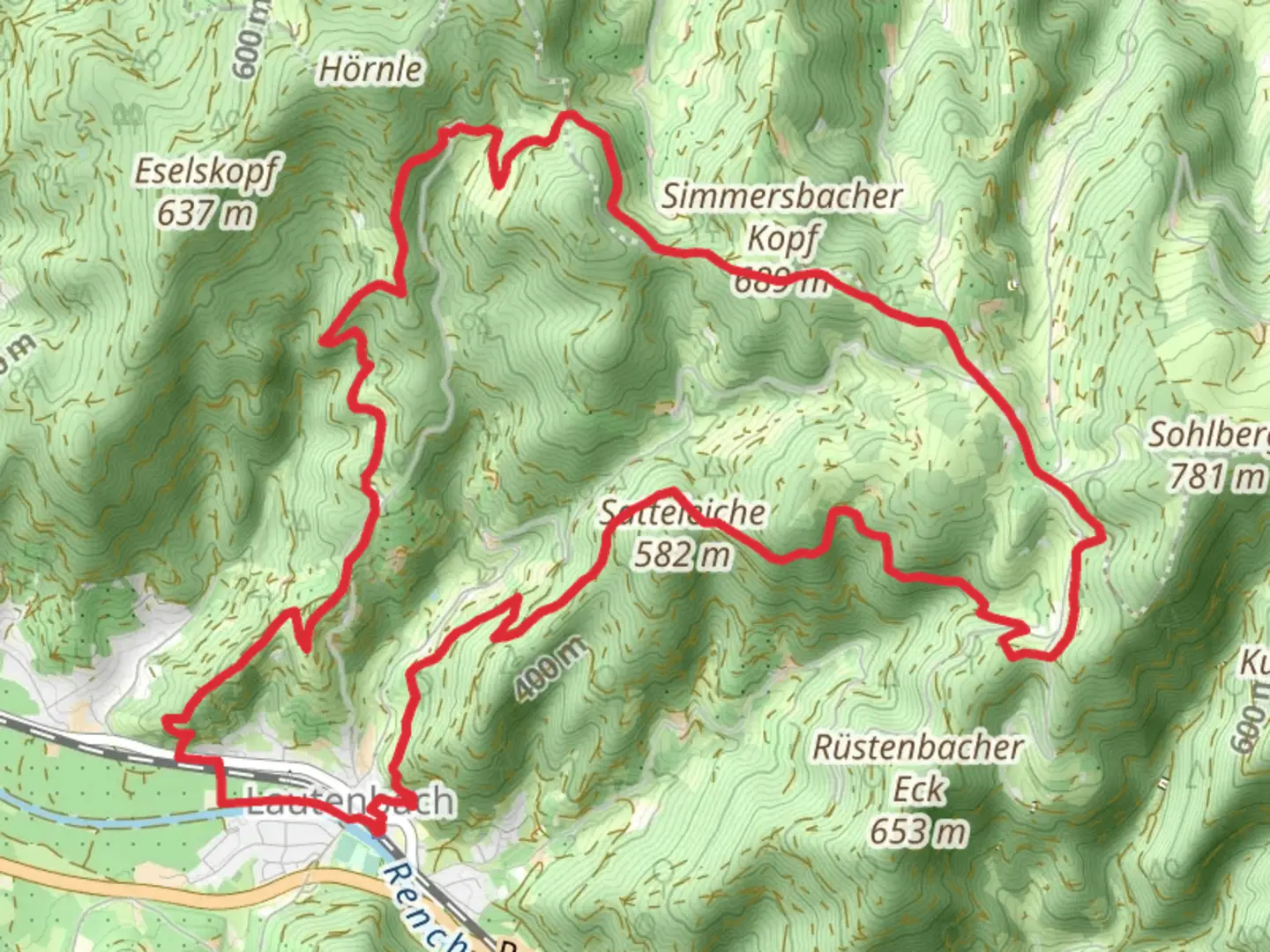 An image depicting the trail Lautenbacher Hexensteig and Renchtalsteig and its surrounding area.