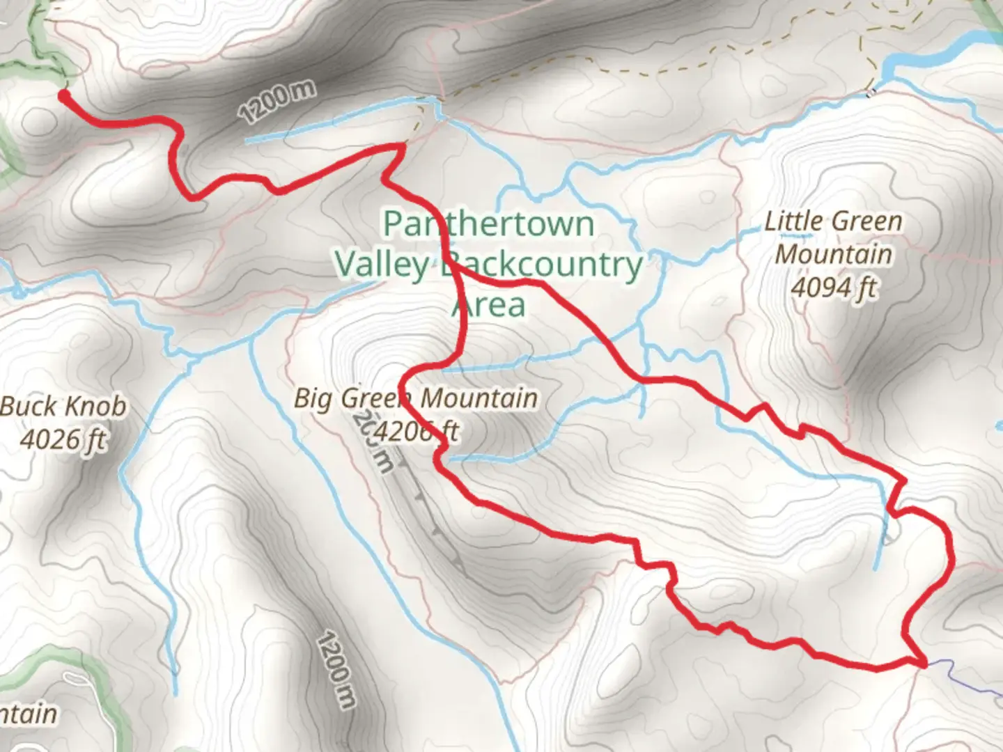 An image depicting the trail Big Green Mountain via Big Green Trail and Mac's Gap Trail and its surrounding area.