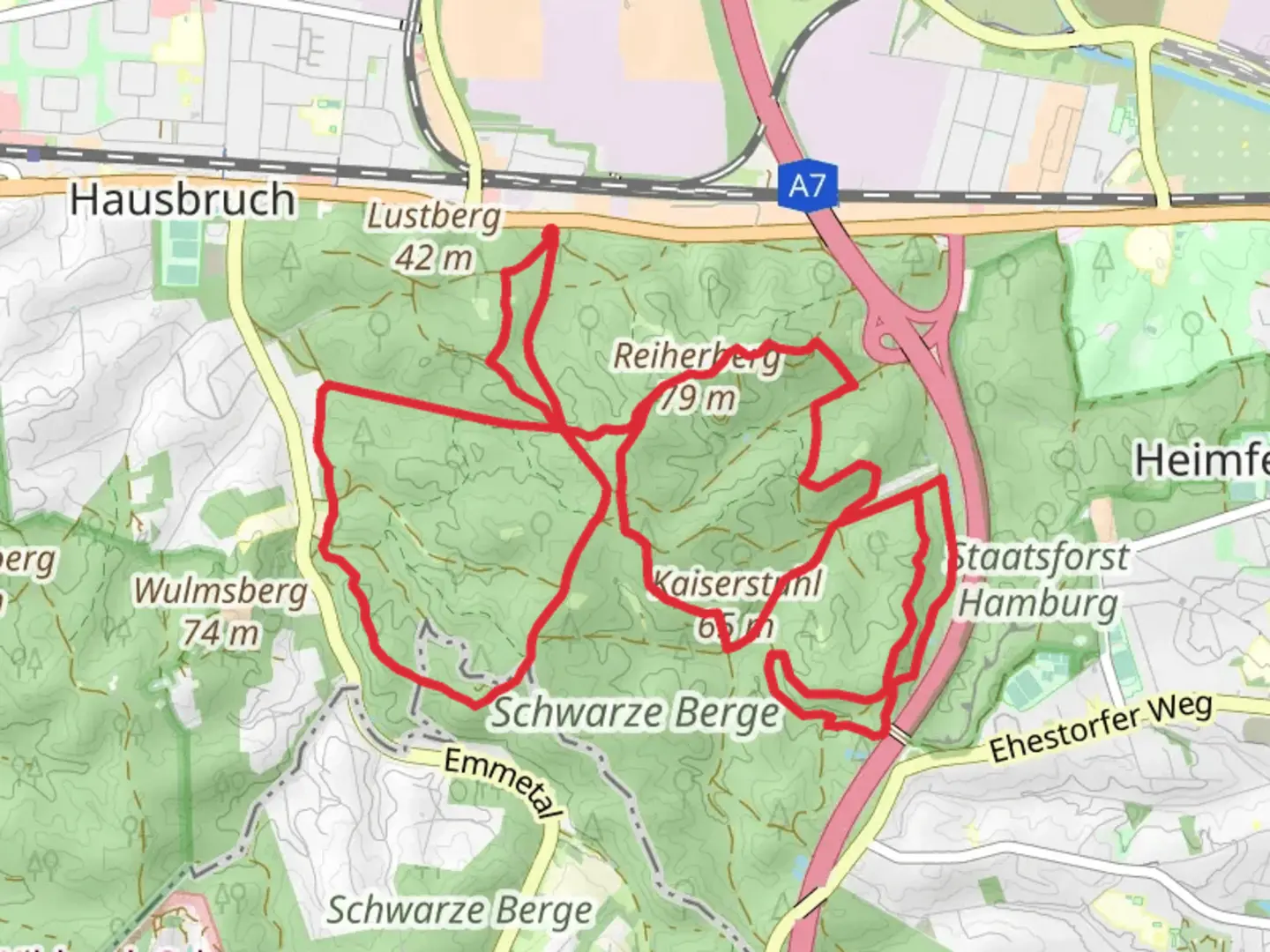 An image depicting the trail Reiherberg via Mehrendieksgrund, Kaiserstuhl and Schaeferstieg and its surrounding area.