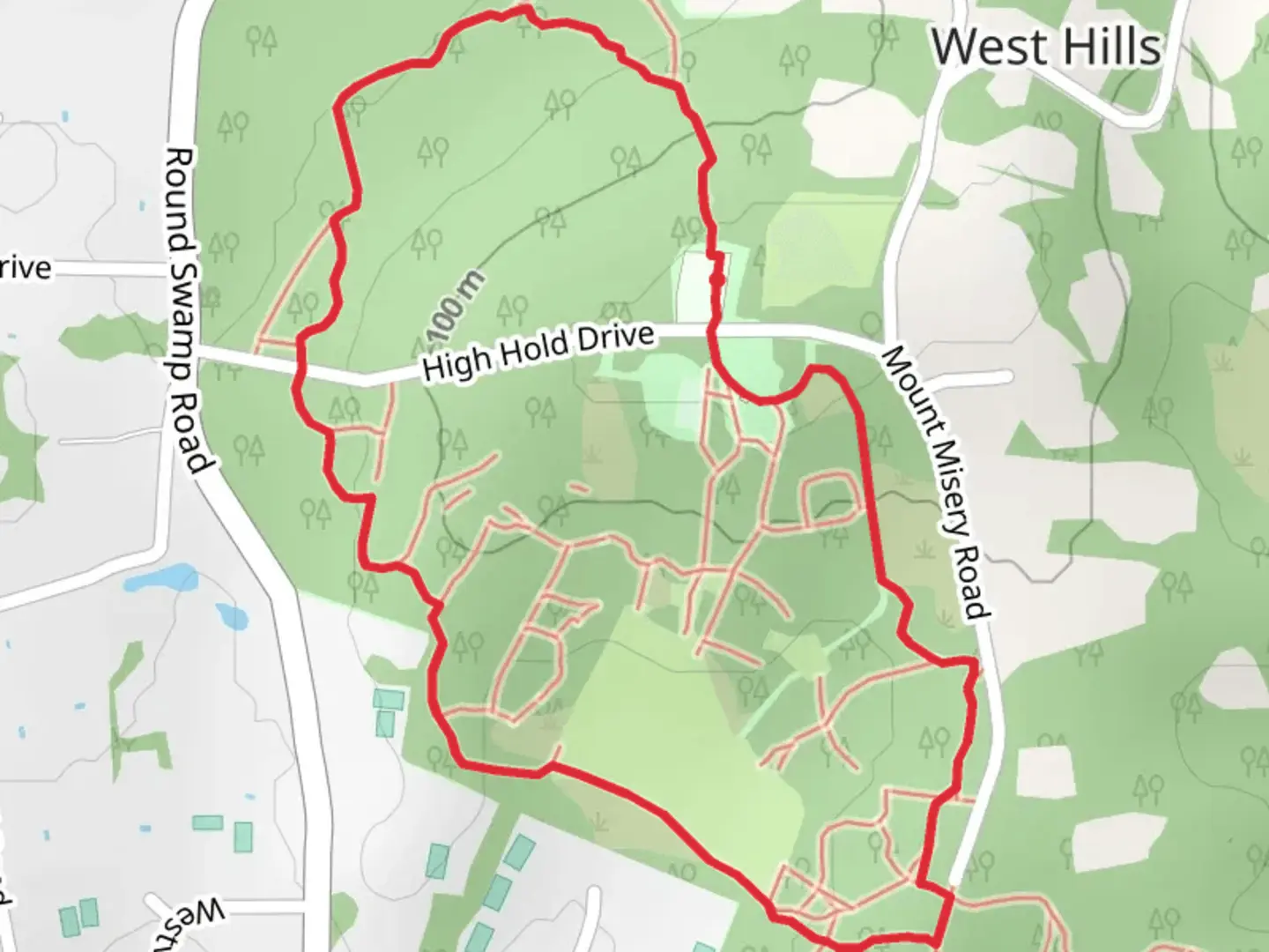 An image depicting the trail High Hold West Loop and its surrounding area.