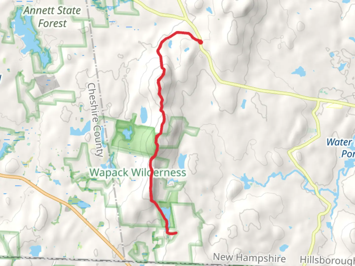 An image depicting the trail Binney Pond via Wapack Trail and its surrounding area.