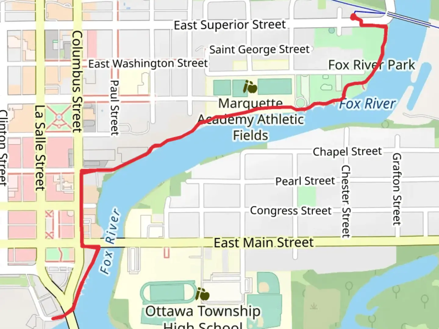 An image depicting the trail Fox River via Ottawa Riverwalk and its surrounding area.
