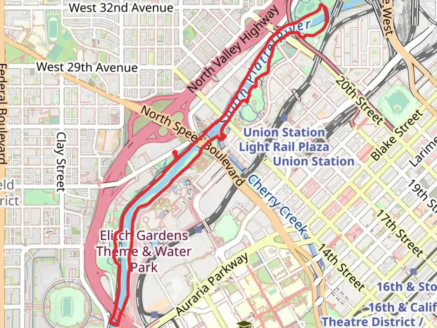 An image depicting the trail South Platte River and Gates Cressent Park Loop and its surrounding area.