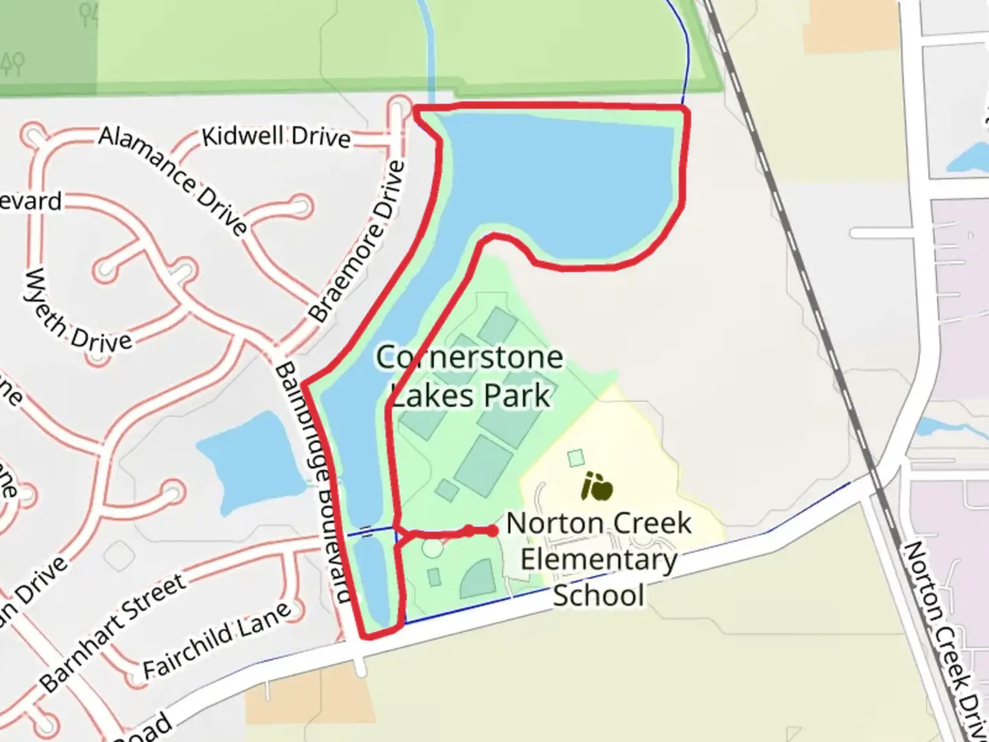 An image depicting the trail Cornerstone Lakes Park Loop and its surrounding area.