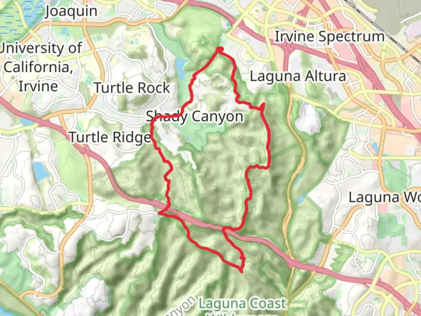 An image depicting the trail Quail Trail and Shady Canyon Loop and its surrounding area.